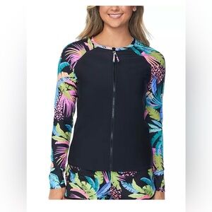 NWT Raisins Juniors' Printed Long-Sleeve Front Zip Rash Guard large